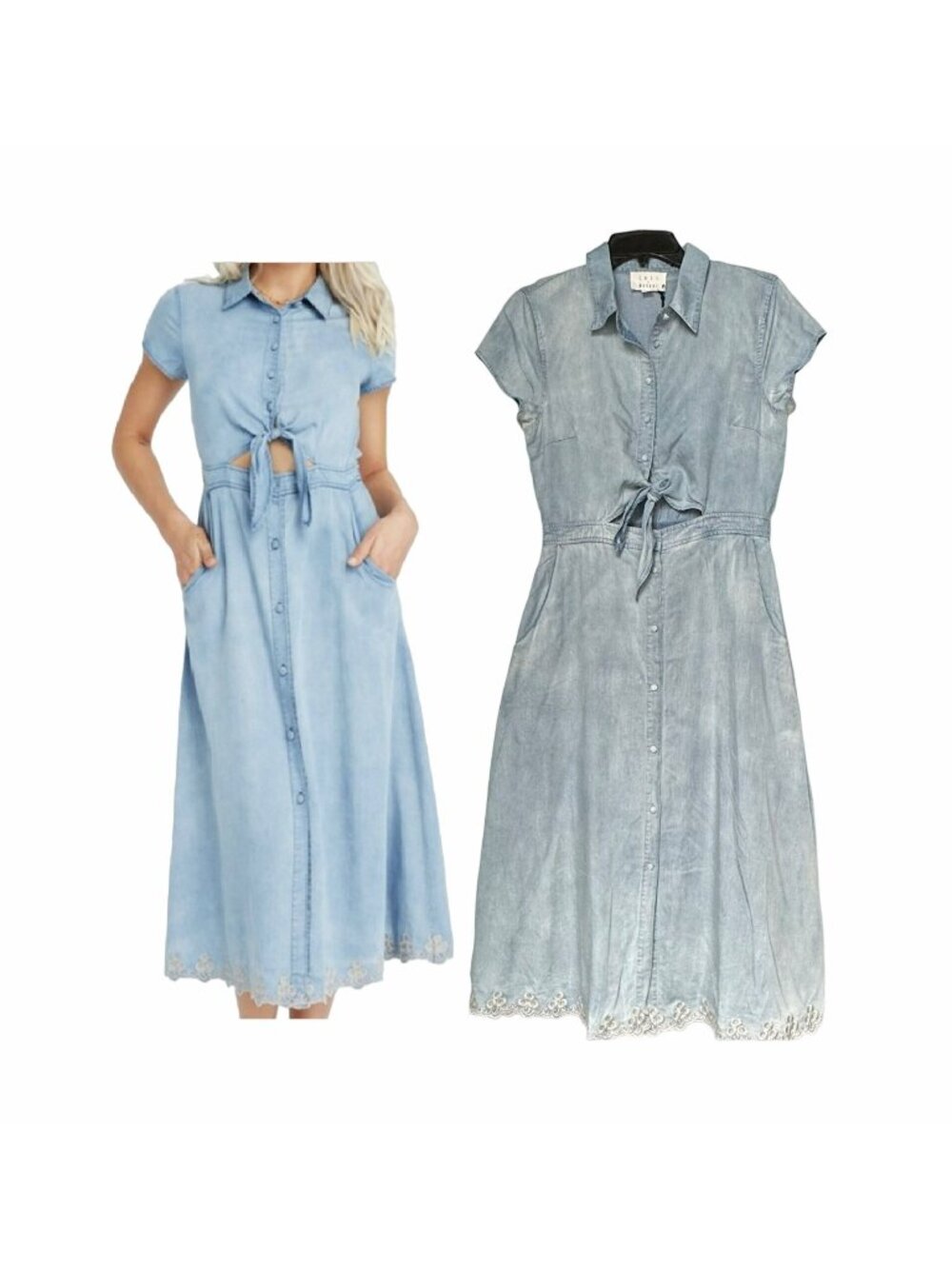 ⭐Lost + Wander Womens Medium M Denim Cutout Tie Front Midi Dress Embroidered Hem